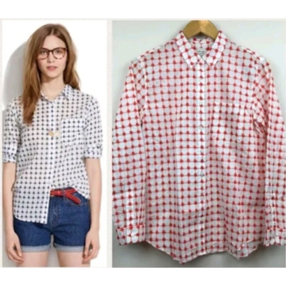 MADEWELL Boyfriend Button-Front White/Orange Grid Pattern Long-Sleeve Top- Sz M